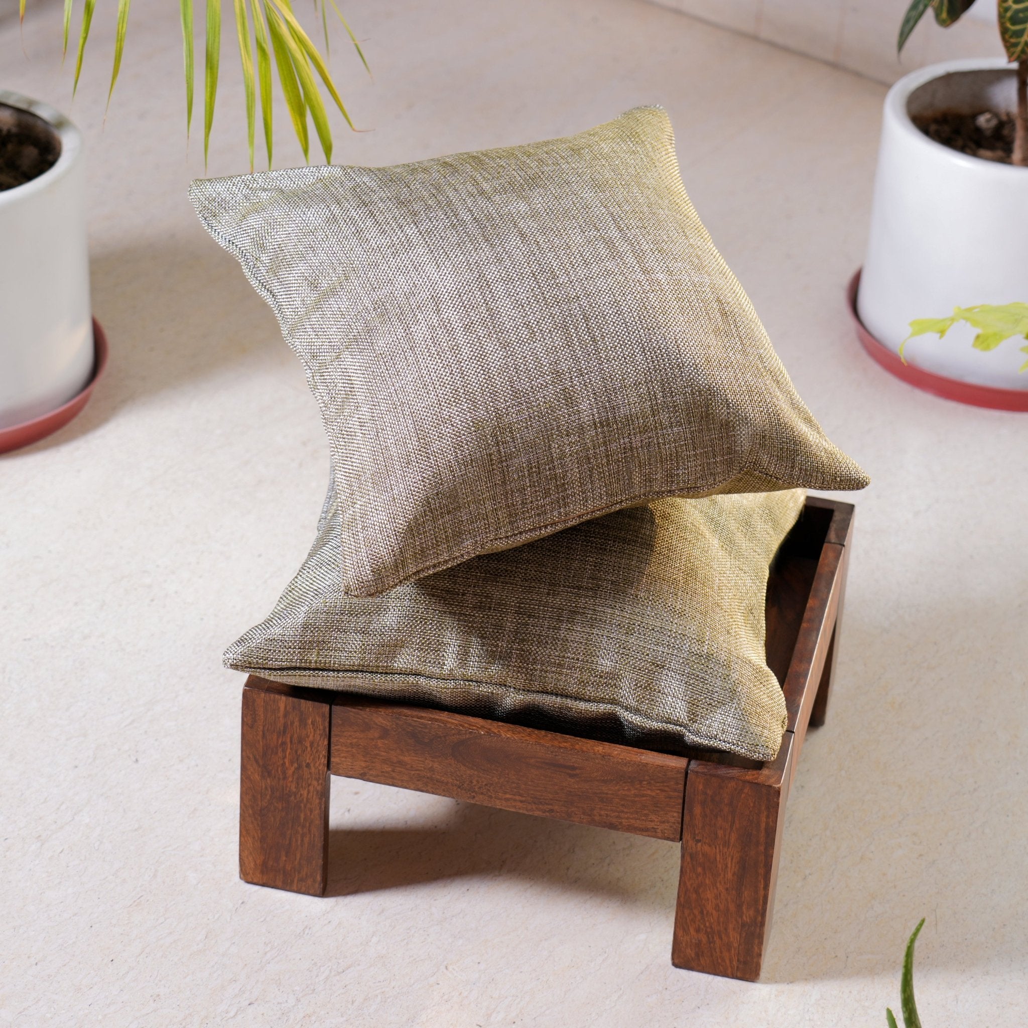 Jute Essence Olive Cushion Covers, Pack of 2, 16" x 16" - Coral Slub -